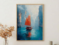 Halong Bay Art, Vietnam Travel Print, Junk Boat Painting, Impasto Oil Painting, Turquoise Water, Wedding Gift, Seascape
