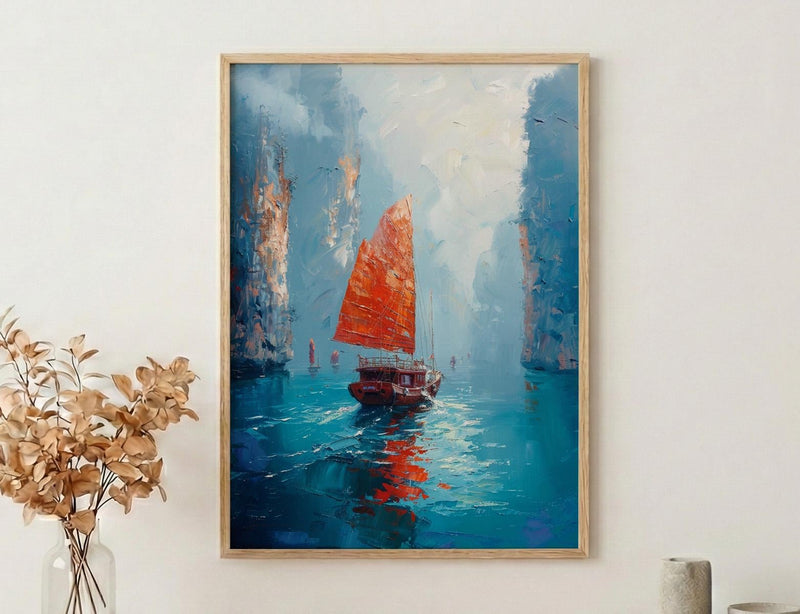 Halong Bay Art, Vietnam Travel Print, Junk Boat Painting, Impasto Oil Painting, Turquoise Water, Wedding Gift, Seascape