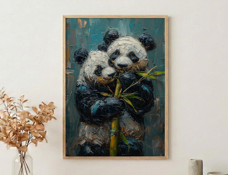Panda Bear Art, Cute Animal Print, Nursery Wall Decor, Impasto Oil Painting, Black and White, Baby Shower Gift, Hugging