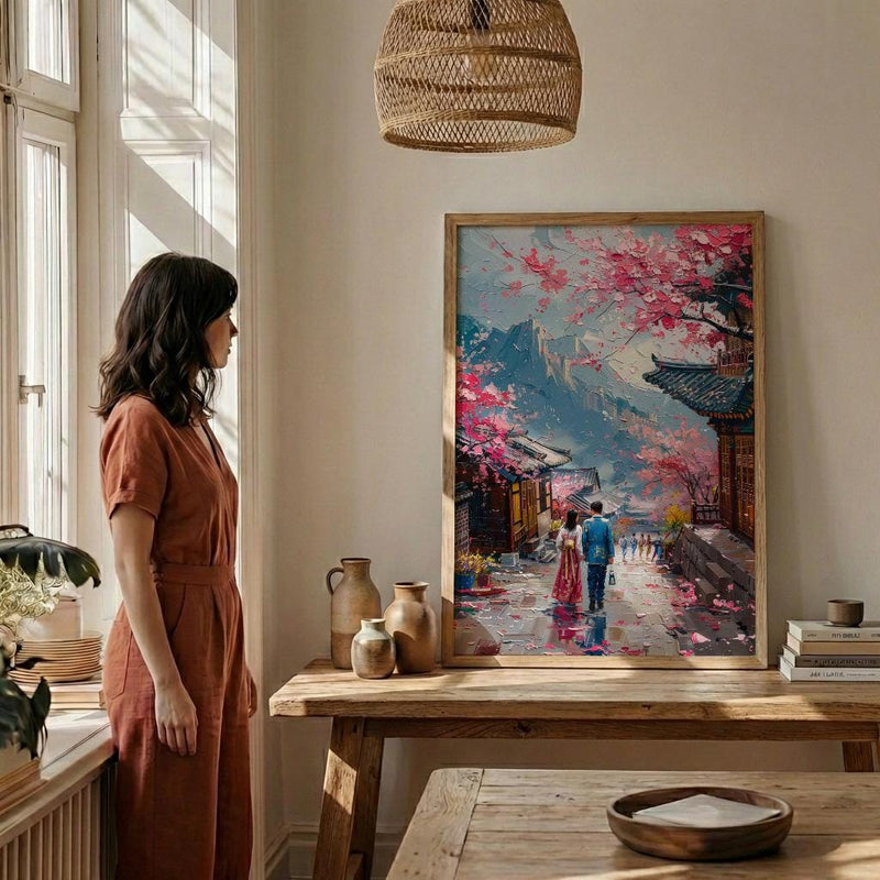 Seoul Wall Art, Gyeongbokgung Palace, Cherry Blossom Print, Impasto Oil Painting, Hanbok Couple, Wedding Gift, Korea