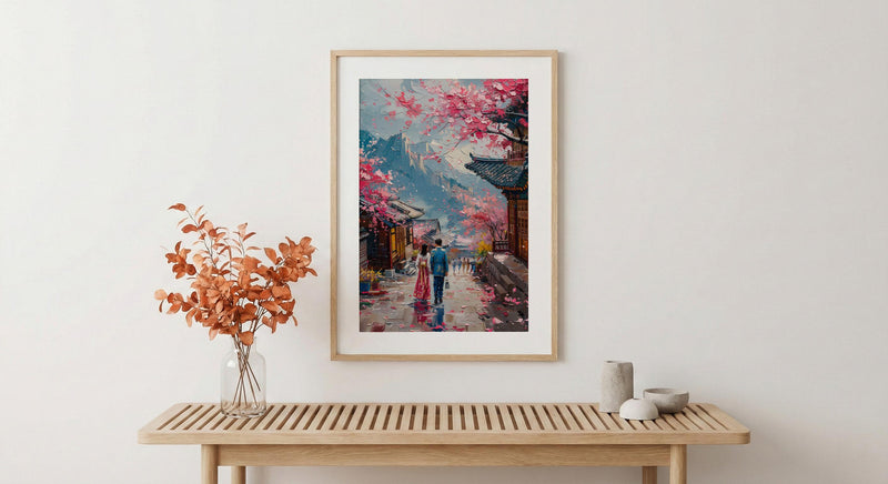 Seoul Wall Art, Gyeongbokgung Palace, Cherry Blossom Print, Impasto Oil Painting, Hanbok Couple, Wedding Gift, Korea