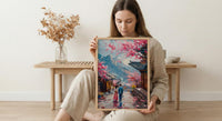 Seoul Wall Art, Gyeongbokgung Palace, Cherry Blossom Print, Impasto Oil Painting, Hanbok Couple, Wedding Gift, Korea
