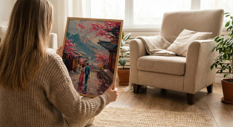 Seoul Wall Art, Gyeongbokgung Palace, Cherry Blossom Print, Impasto Oil Painting, Hanbok Couple, Wedding Gift, Korea