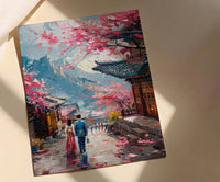 Seoul Wall Art, Gyeongbokgung Palace, Cherry Blossom Print, Impasto Oil Painting, Hanbok Couple, Wedding Gift, Korea