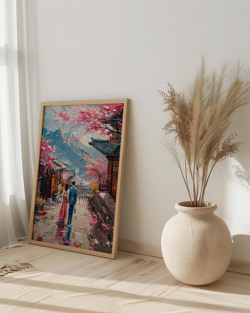 Seoul Wall Art, Gyeongbokgung Palace, Cherry Blossom Print, Impasto Oil Painting, Hanbok Couple, Wedding Gift, Korea