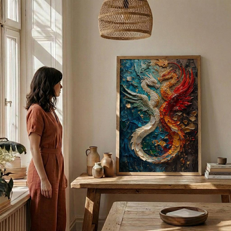 Dragon Phoenix Art, Yin Yang Print, Feng Shui Decor, Impasto Oil Painting, Mythical Creatures, Wedding Gift, Housewarming Gift
