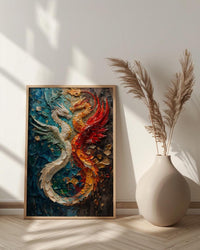 Dragon Phoenix Art, Yin Yang Print, Feng Shui Decor, Impasto Oil Painting, Mythical Creatures, Wedding Gift, Housewarming Gift