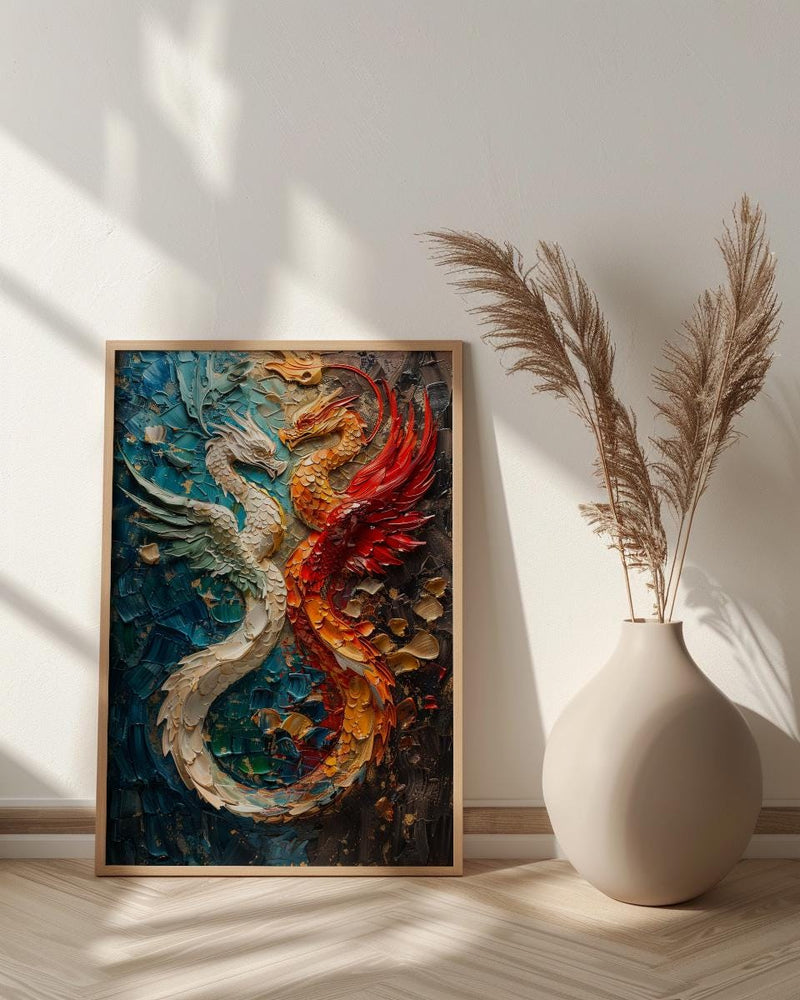 Dragon Phoenix Art, Yin Yang Print, Feng Shui Decor, Impasto Oil Painting, Mythical Creatures, Wedding Gift, Housewarming Gift