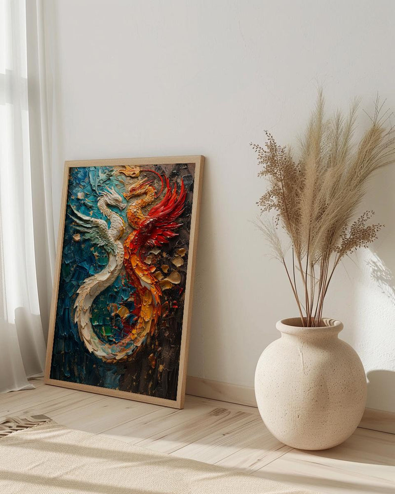 Dragon Phoenix Art, Yin Yang Print, Feng Shui Decor, Impasto Oil Painting, Mythical Creatures, Wedding Gift, Housewarming Gift