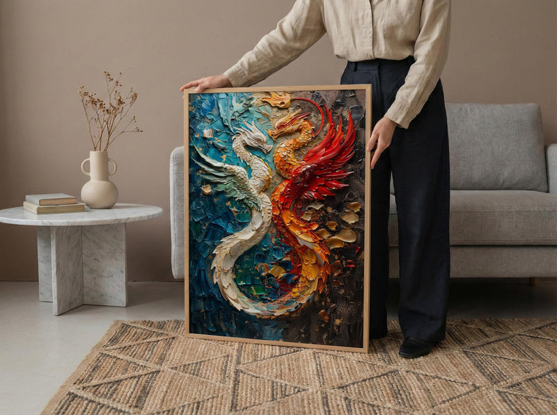 Dragon Phoenix Art, Yin Yang Print, Feng Shui Decor, Impasto Oil Painting, Mythical Creatures, Wedding Gift, Housewarming Gift