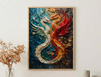 Dragon Phoenix Art, Yin Yang Print, Feng Shui Decor, Impasto Oil Painting, Mythical Creatures, Wedding Gift, Housewarming Gift
