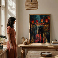 Kyoto Street Art, Japan Night Print, Rainy Cityscape, Impasto Oil Painting, Red Lanterns, Moody Decor, Anniversary Gift