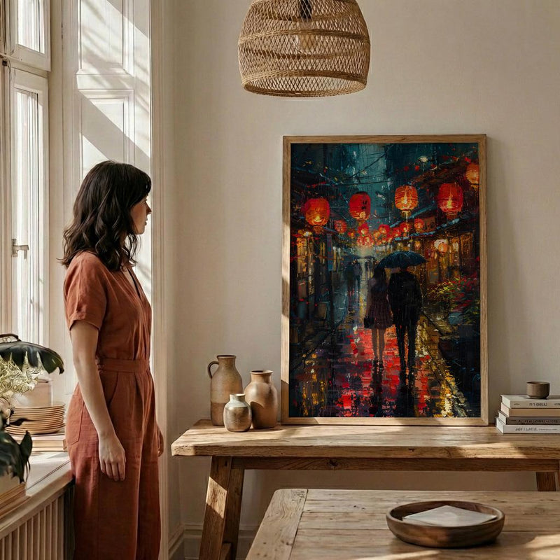 Kyoto Street Art, Japan Night Print, Rainy Cityscape, Impasto Oil Painting, Red Lanterns, Moody Decor, Anniversary Gift