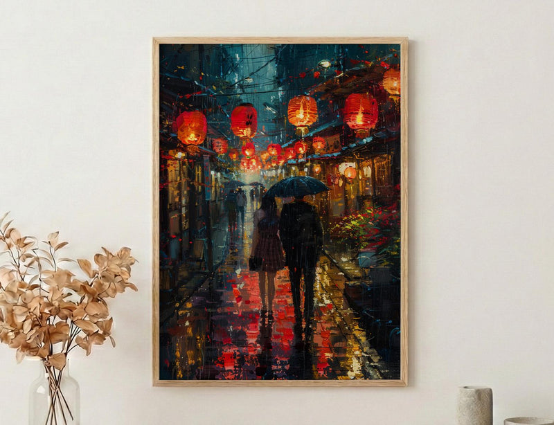 Kyoto Street Art, Japan Night Print, Rainy Cityscape, Impasto Oil Painting, Red Lanterns, Moody Decor, Anniversary Gift