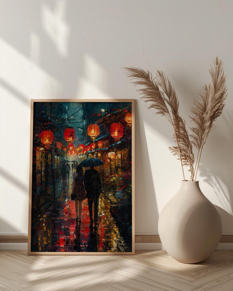 Kyoto Street Art, Japan Night Print, Rainy Cityscape, Impasto Oil Painting, Red Lanterns, Moody Decor, Anniversary Gift
