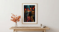 Kyoto Street Art, Japan Night Print, Rainy Cityscape, Impasto Oil Painting, Red Lanterns, Moody Decor, Anniversary Gift