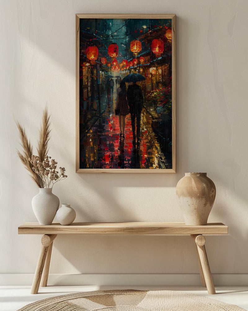 Kyoto Street Art, Japan Night Print, Rainy Cityscape, Impasto Oil Painting, Red Lanterns, Moody Decor, Anniversary Gift