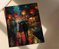 Kyoto Street Art, Japan Night Print, Rainy Cityscape, Impasto Oil Painting, Red Lanterns, Moody Decor, Anniversary Gift