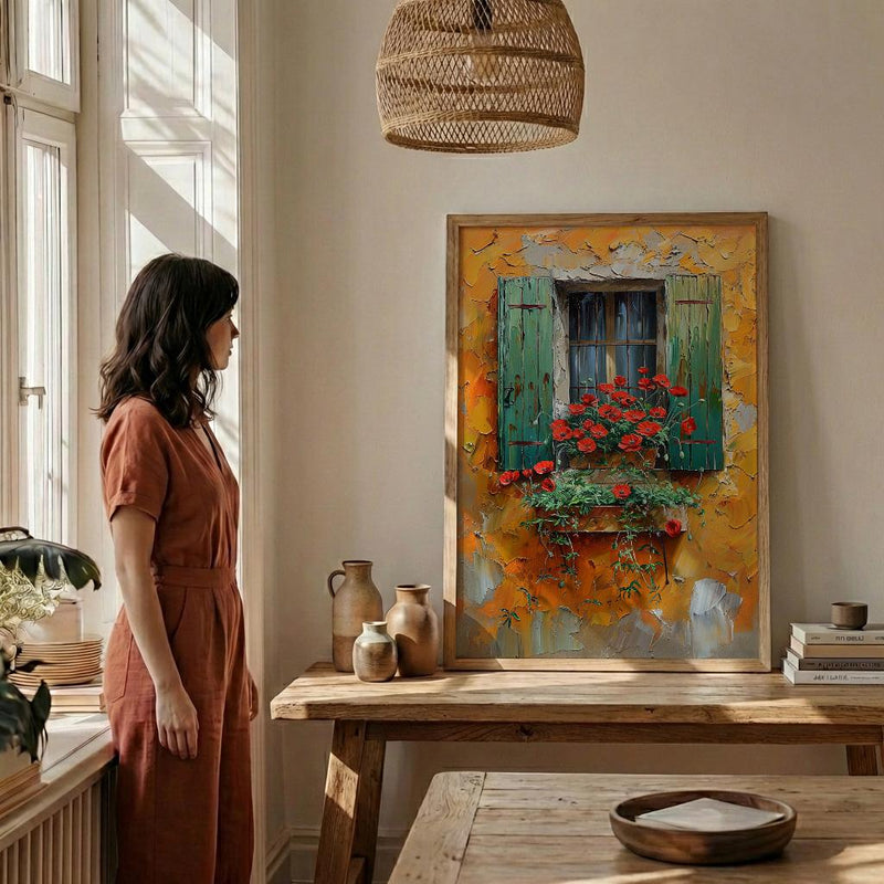 Tuscany Wall Art, Italian Villa Print, Ochre Wall Decor, Impasto Oil Painting, Red Poppies, Rustic Kitchen Art
