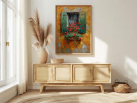 Tuscany Wall Art, Italian Villa Print, Ochre Wall Decor, Impasto Oil Painting, Red Poppies, Rustic Kitchen Art