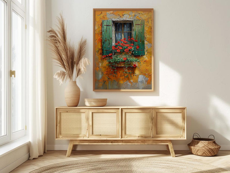 Tuscany Wall Art, Italian Villa Print, Ochre Wall Decor, Impasto Oil Painting, Red Poppies, Rustic Kitchen Art