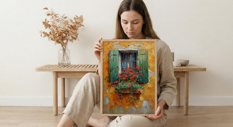 Tuscany Wall Art, Italian Villa Print, Ochre Wall Decor, Impasto Oil Painting, Red Poppies, Rustic Kitchen Art