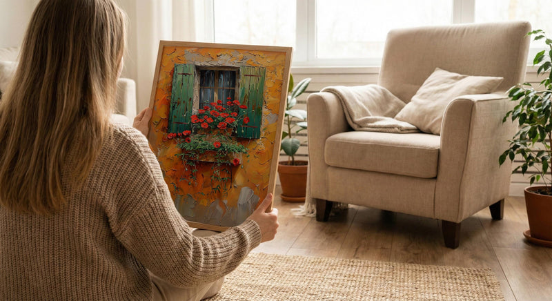 Tuscany Wall Art, Italian Villa Print, Ochre Wall Decor, Impasto Oil Painting, Red Poppies, Rustic Kitchen Art