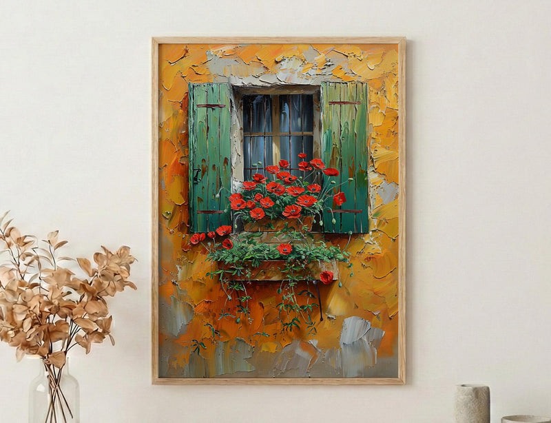 Tuscany Wall Art, Italian Villa Print, Ochre Wall Decor, Impasto Oil Painting, Red Poppies, Rustic Kitchen Art