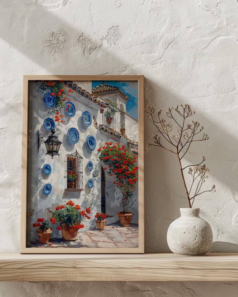 Seville Wall Art, Spanish Patio Print, Andalusian Decor, Impasto Oil Painting, Red Geraniums, Blue Plates Poster