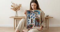 Seville Wall Art, Spanish Patio Print, Andalusian Decor, Impasto Oil Painting, Red Geraniums, Blue Plates Poster