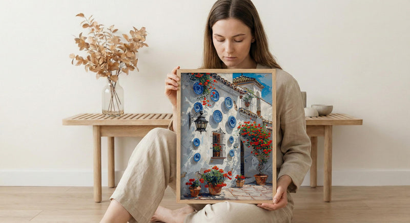 Seville Wall Art, Spanish Patio Print, Andalusian Decor, Impasto Oil Painting, Red Geraniums, Blue Plates Poster