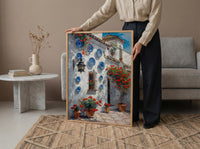 Seville Wall Art, Spanish Patio Print, Andalusian Decor, Impasto Oil Painting, Red Geraniums, Blue Plates Poster