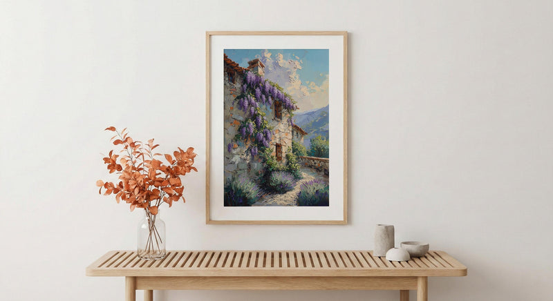 Provence Wall Art, French Country Print, Wisteria Flower, Impasto Oil Painting, Stone Wall, Lavender, Romantic Gift