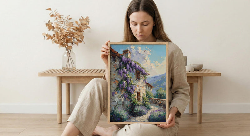 Provence Wall Art, French Country Print, Wisteria Flower, Impasto Oil Painting, Stone Wall, Lavender, Romantic Gift