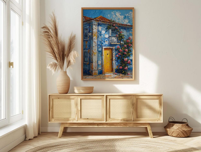 Portugal Wall Art, Azulejo Tile Print, Lisbon Decor, Impasto Oil Painting, Blue and White, Pink Rose, Travel Poster