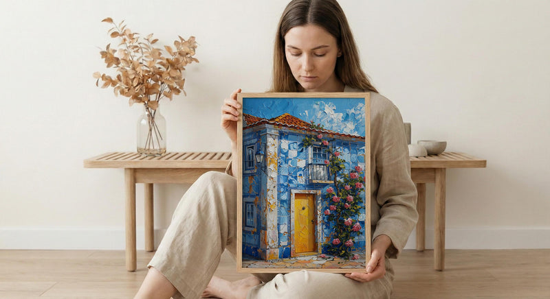 Portugal Wall Art, Azulejo Tile Print, Lisbon Decor, Impasto Oil Painting, Blue and White, Pink Rose, Travel Poster