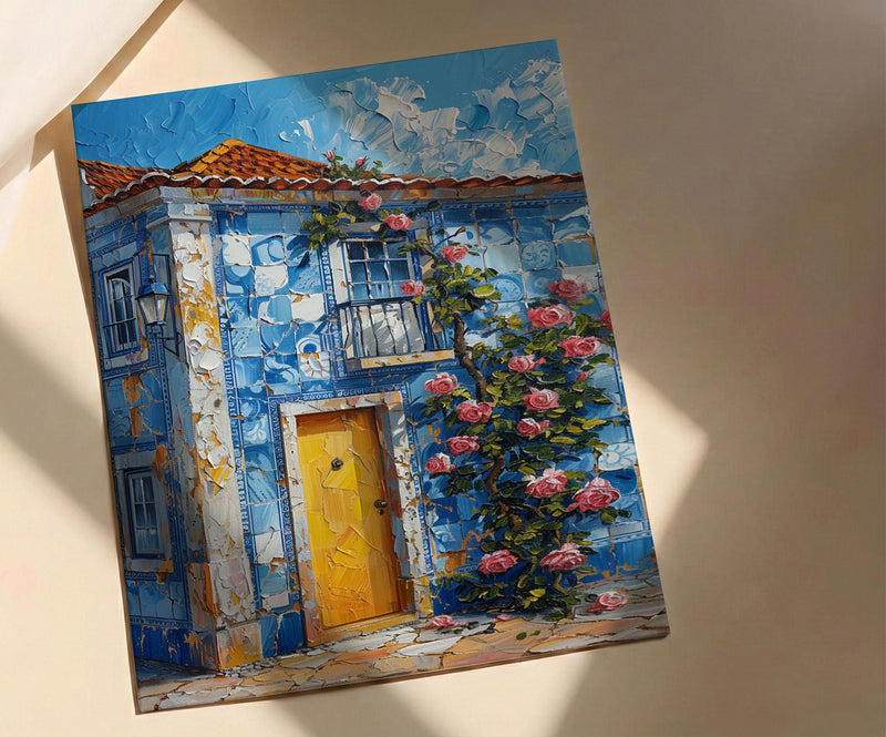Portugal Wall Art, Azulejo Tile Print, Lisbon Decor, Impasto Oil Painting, Blue and White, Pink Rose, Travel Poster