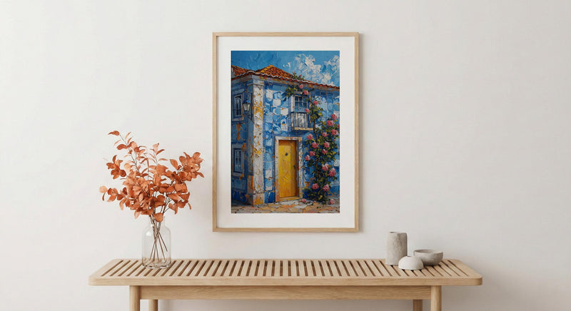 Portugal Wall Art, Azulejo Tile Print, Lisbon Decor, Impasto Oil Painting, Blue and White, Pink Rose, Travel Poster