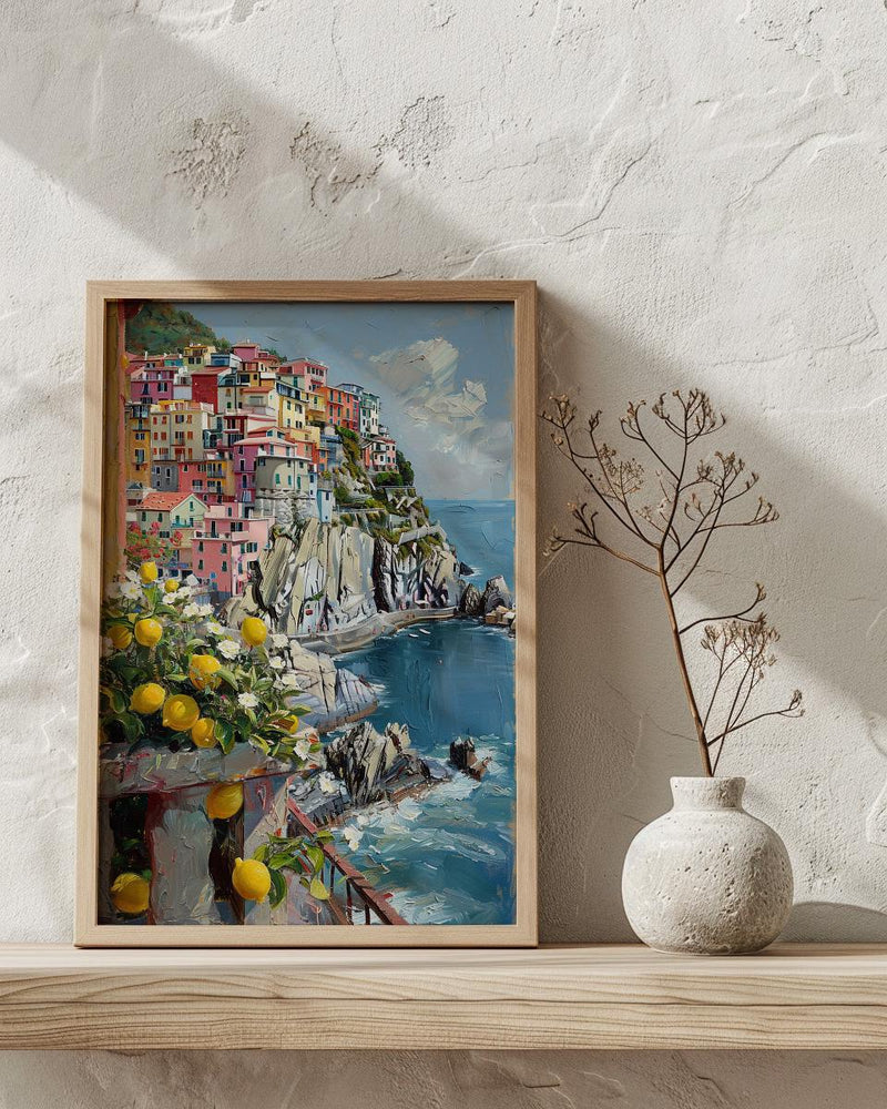 Cinque Terre Art, Italian Riviera Print, Colorful Houses, Impasto Oil Painting, Lemon Decor, Summer Vibe, Coastal