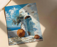 Portugal Wall Art, Azulejo Tile Print, Lisbon Decor, Impasto Oil Painting, Blue and White, Pink Rose, Travel Poster
