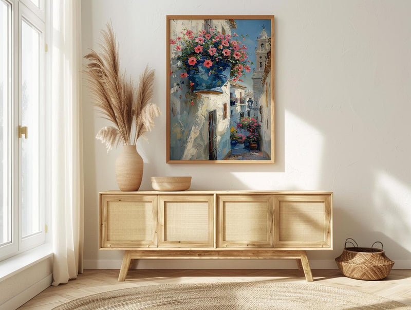 Cordoba Patio Art, Spanish Flower Pot, Pink Petunias, Impasto Oil Painting, Blue Pot, Garden Wall Decor, Summer