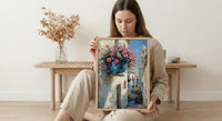 Cordoba Patio Art, Spanish Flower Pot, Pink Petunias, Impasto Oil Painting, Blue Pot, Garden Wall Decor, Summer