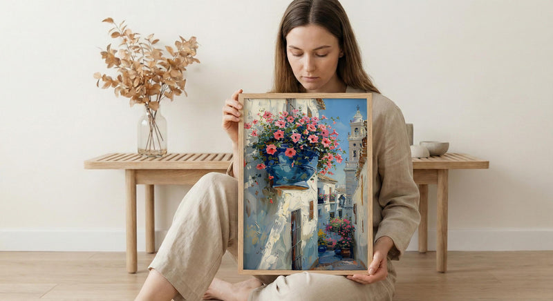 Cordoba Patio Art, Spanish Flower Pot, Pink Petunias, Impasto Oil Painting, Blue Pot, Garden Wall Decor, Summer