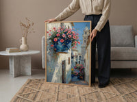 Cordoba Patio Art, Spanish Flower Pot, Pink Petunias, Impasto Oil Painting, Blue Pot, Garden Wall Decor, Summer