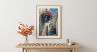 Cordoba Patio Art, Spanish Flower Pot, Pink Petunias, Impasto Oil Painting, Blue Pot, Garden Wall Decor, Summer