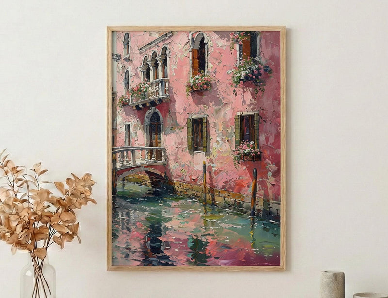 Venice Wall Art, Italy Canal Print, Pink Building, Impasto Oil Painting, Romantic Decor, Water Reflection, Gift