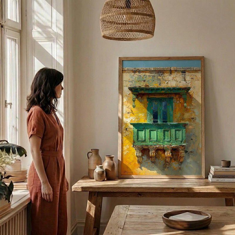 Malta Wall Art, Valletta Print, Traditional Balcony, Impasto Oil Painting, Green and Yellow, Historic Decor