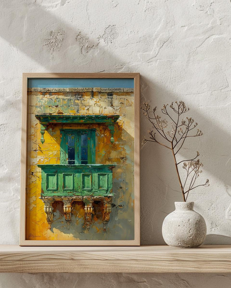 Malta Wall Art, Valletta Print, Traditional Balcony, Impasto Oil Painting, Green and Yellow, Historic Decor