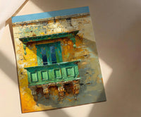 Malta Wall Art, Valletta Print, Traditional Balcony, Impasto Oil Painting, Green and Yellow, Historic Decor