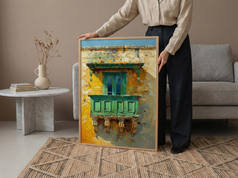 Malta Wall Art, Valletta Print, Traditional Balcony, Impasto Oil Painting, Green and Yellow, Historic Decor